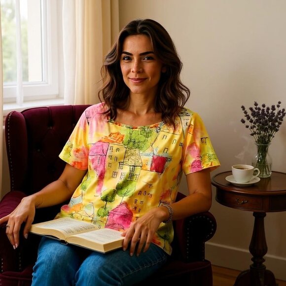 Alfred Dunner Square Neck Short Sleeve Top, Size Large, Yellow Pink Green - Picture 3 of 11